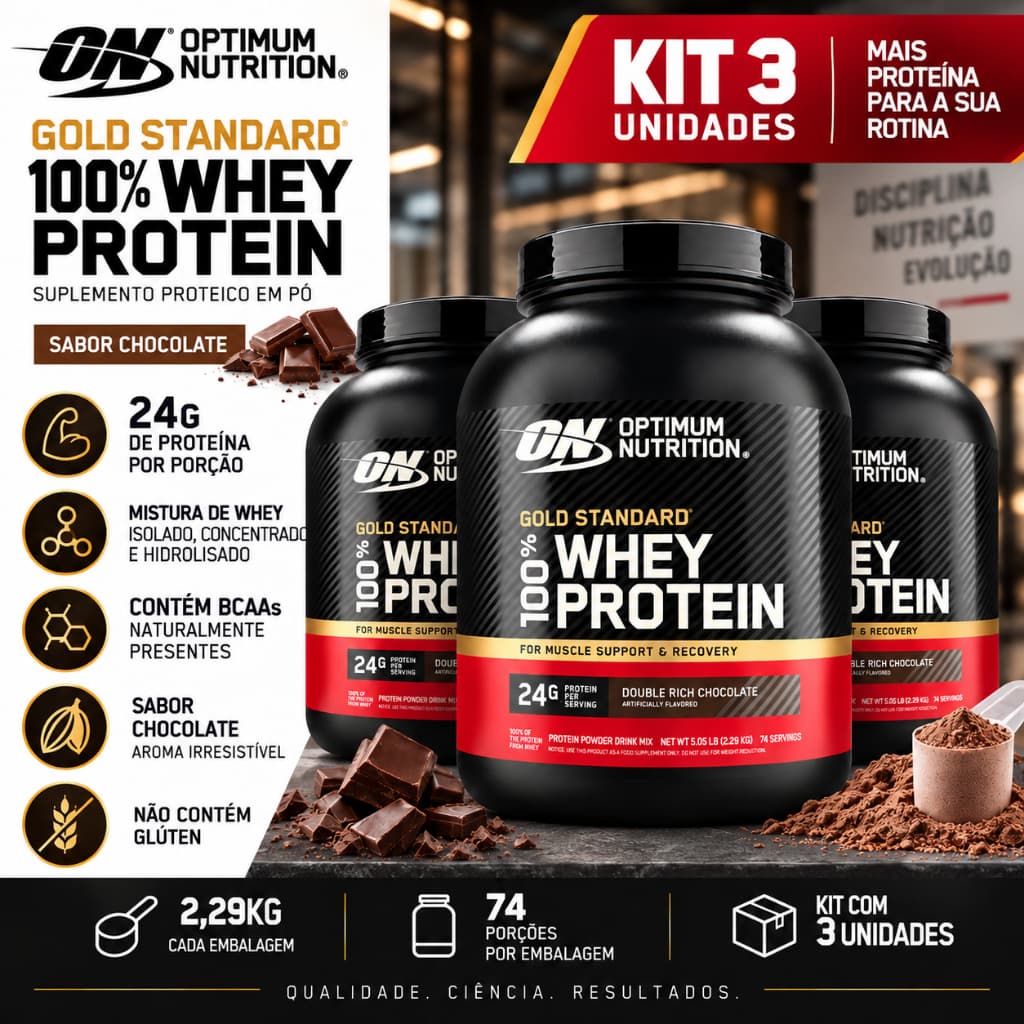 Kit 3 Whey Protein Gold Standard 100% Optimum Nutrition Chocolate 2,29kg 24g Proteína