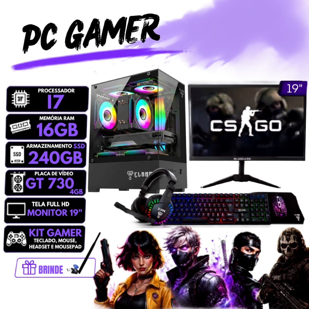 Computador Gamer Completo i7, 16gb Ram, SSD 240gb + Placa de Vídeo 4gb + Monitor 19" + Combo Gamer RGB