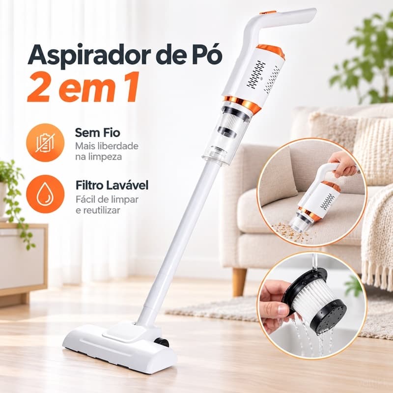 Aspirador de Pó Sem Fio 2 em 1 Portátil 120W USB Recarregável Filtro Lavável Casa Sofá Carro
