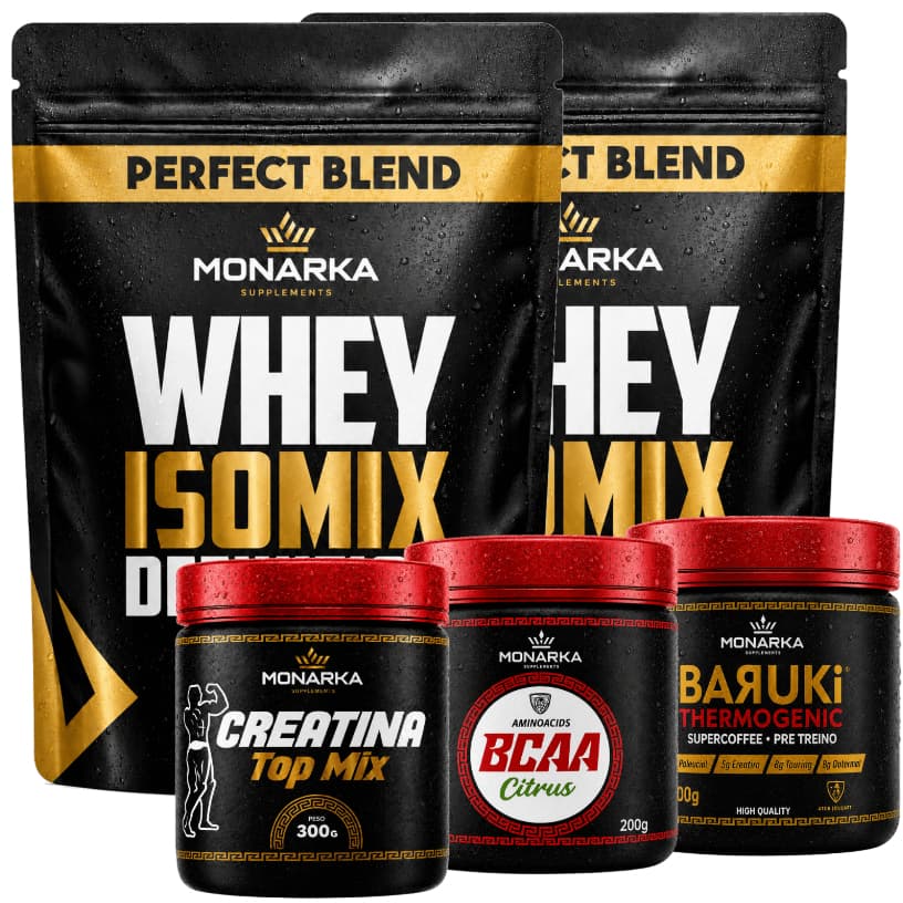 KIT de Suplemento Whey Isolado Concentrado 2kg + Creatina Monohidratada 300g + Termogênico Pré Treino 300g + Bcaa 200g