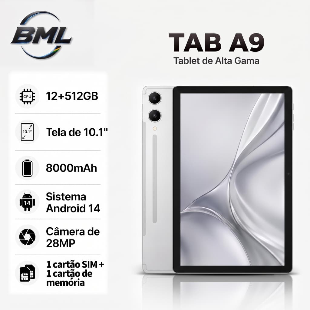 BML Tablet A9 10,1” Tela Grande 12GB RAM +512GB WiFi 5G Android 14 Com Teclado Mouse e Caneta
