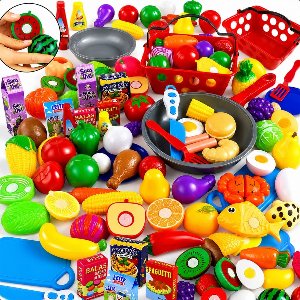 Kit Cozinha Infantil Comidinhas Frutas Legumes de Cortar Cestinha Bolo Brinquedo Educativo Cozinha