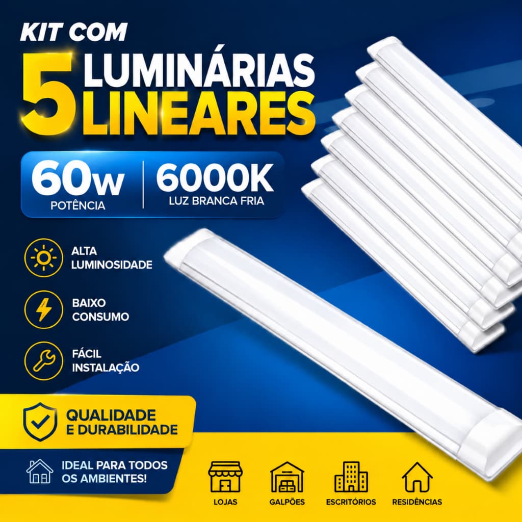 Kit 5 Luminárias Linear Tubular 100cm Sobrepor 60w Led Branco frio 6000k