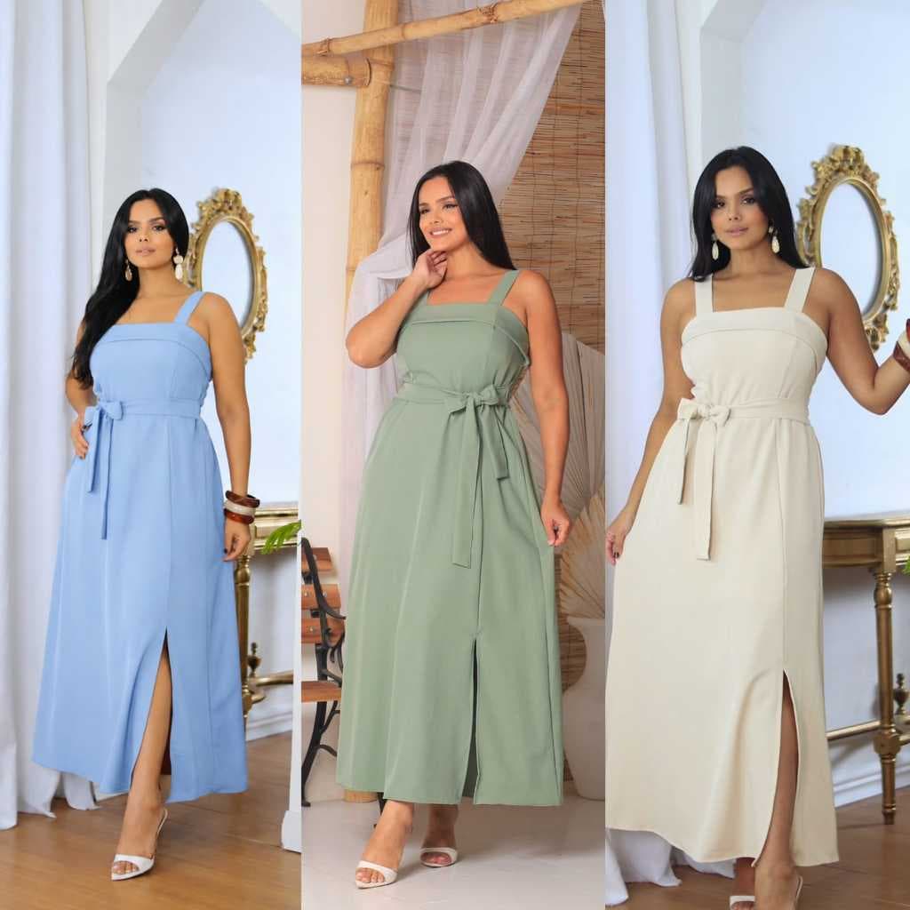 Vestido Longo Feminino Alça Grossa Elegante com Babado e Cintura Marcada para Festa Verão