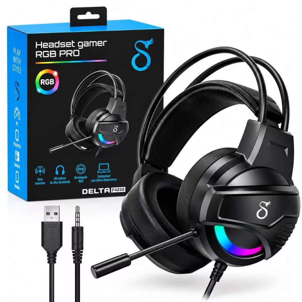 Fone Headset Gamer RGB Com Fio Microfone P2 3.5mm + USB Ajuste de Volume para PC Notebook Jogos