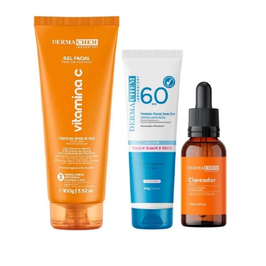 Kit Serum Clareador Protetor Facial Gel Anti-Idade Vitamina C Hidrata Clareamento Firmeza Skincare