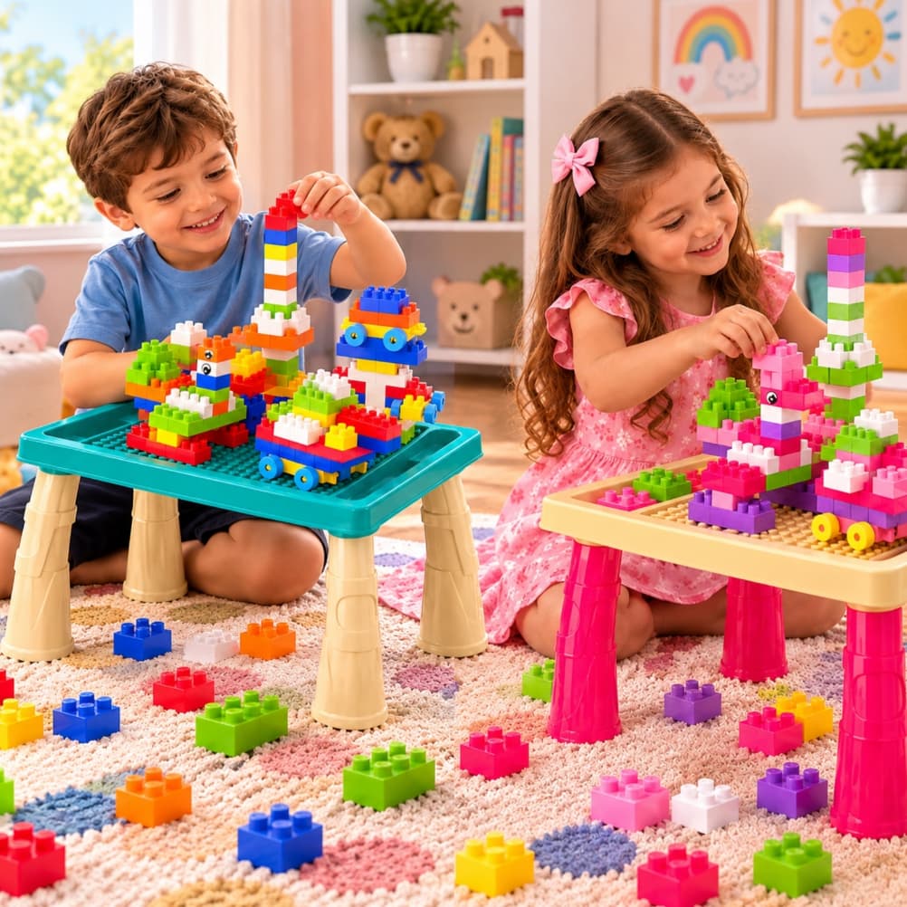 Mesa Didática Infantil Brinquedo com 100 Peças Blocos de Montar Lego e Figurinhas - Verde Água e Rosa