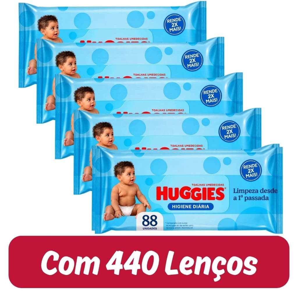Lenços Umedecidos Huggies Higiene Diária - Pacote com 88 Unidades - Kit com 5 embalagens