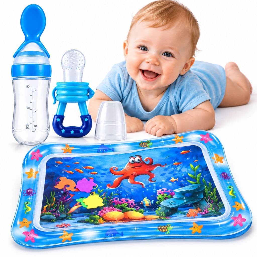 Kit Bebê Tapete Tummy Time Água Sensorial + Mamadeira Dosadora + Chupeta Alimentadora Silicone