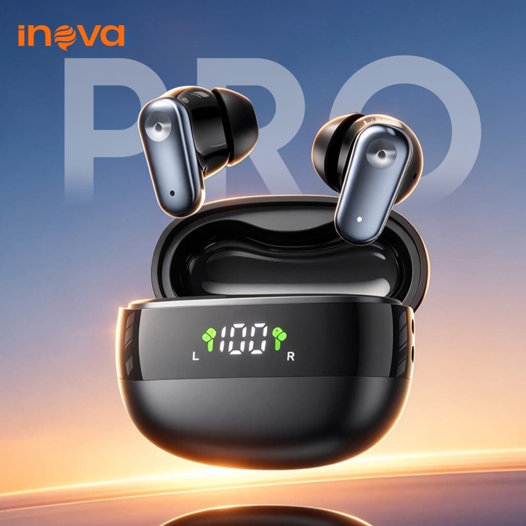 INOVA Fone de Ouvido Bluetooth TWS Sem Fio Bluetooth 6.0 Display LED 50h Bateria Longa USB-C HIFI Estéreo IPX5 Touch