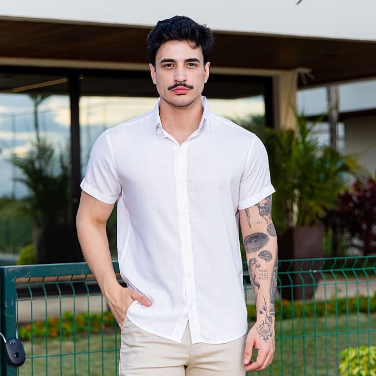 Camisa Social Masculina Slim Fit Manga Curta Viscose e Linho Premium