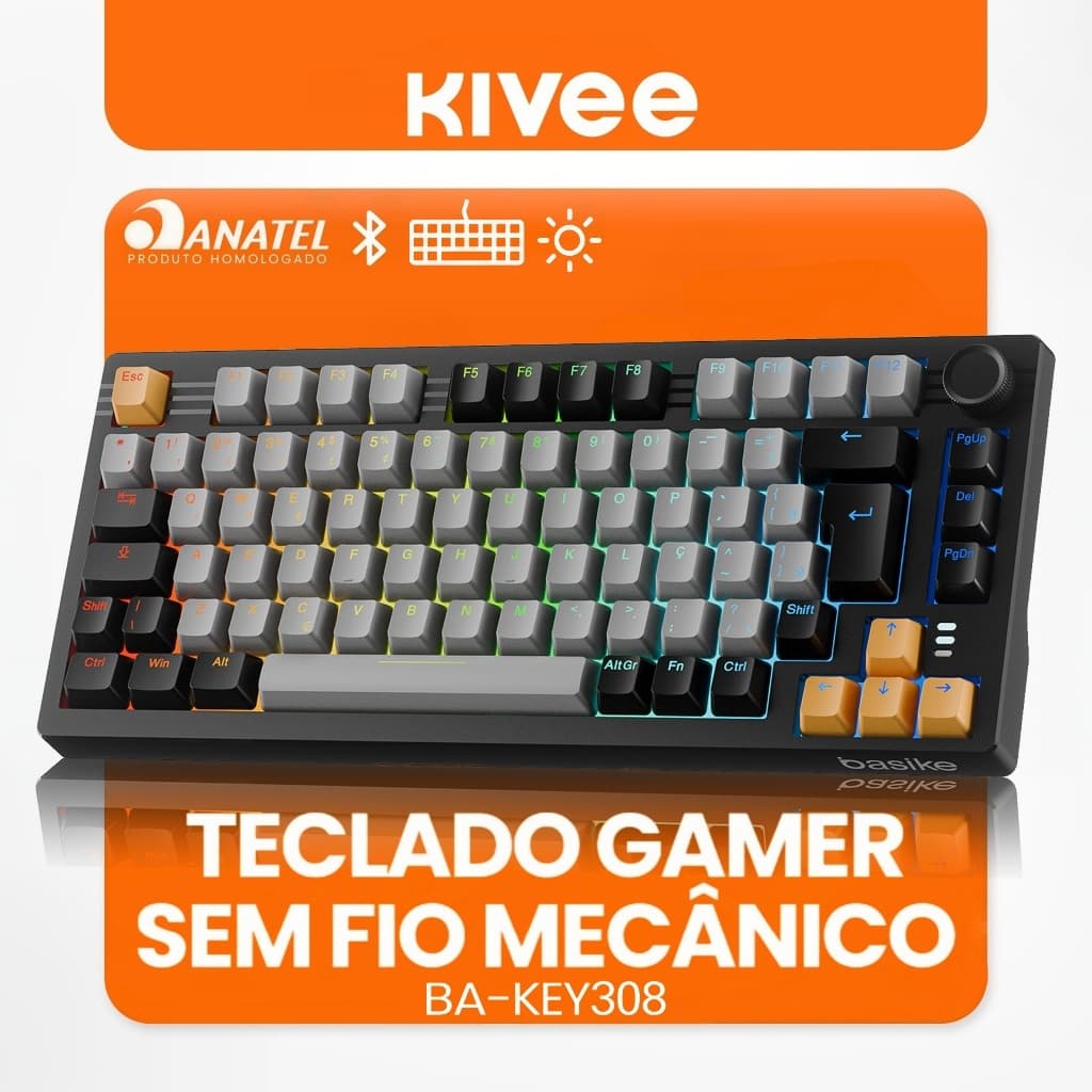Kivee X Basike Teclado Mecânico Gamer Triplo Modo ABNT2 RGB 82 Teclas Bluetooth 2.4G e Fio Bateria 4000mAh KEY308