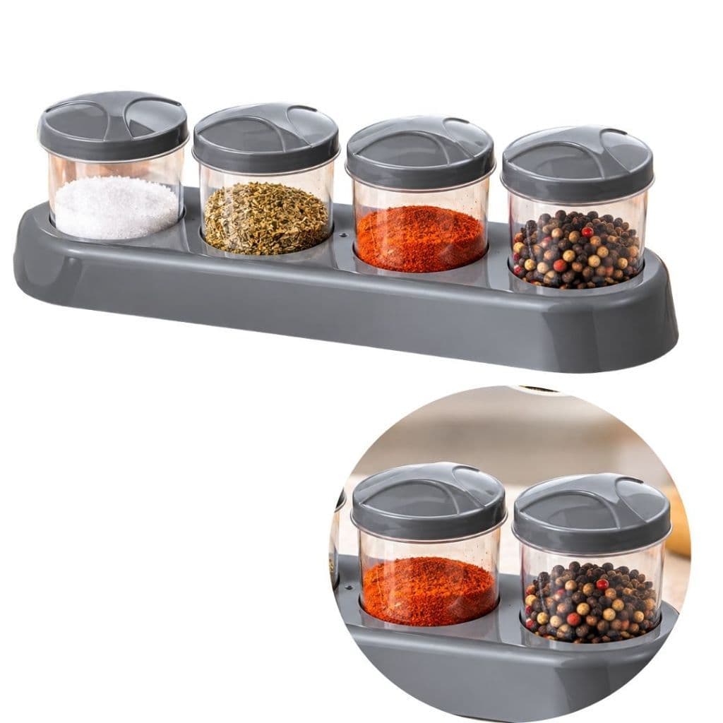 Porta Temperos Condimentos 4 Potes com Tampa e Suporte Organizador de Cozinha Porta Condimentos