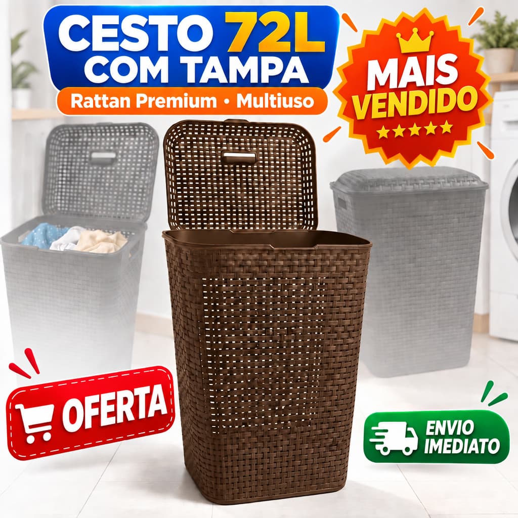 Cesto de Roupa Suja Grande 72L com Tampa Rattan Organizador Lavanderia Banheiro Quarto Multiuso Gigante Família Flexível