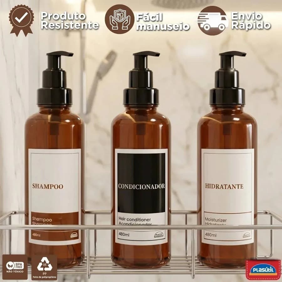 Kit Banheiro Frasco Shampoo Condicionador Hidratante 480ml PUMP Lavabo viagem ( 3 PEÇAS ) Plasútil