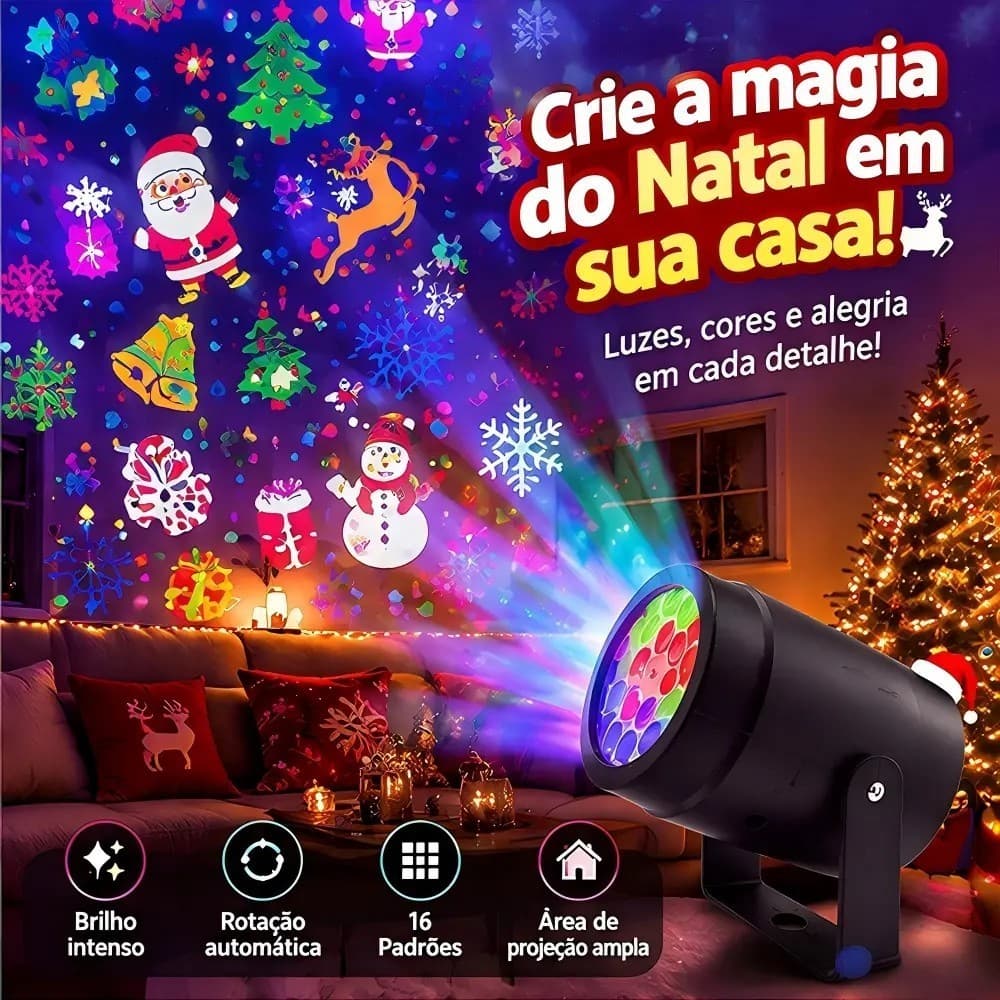 Projetor LED Natalino 16 Temas Luzes de Natal Desenhos Coloridos Rotação 270° Decoração Casa Jardim Parede Festa