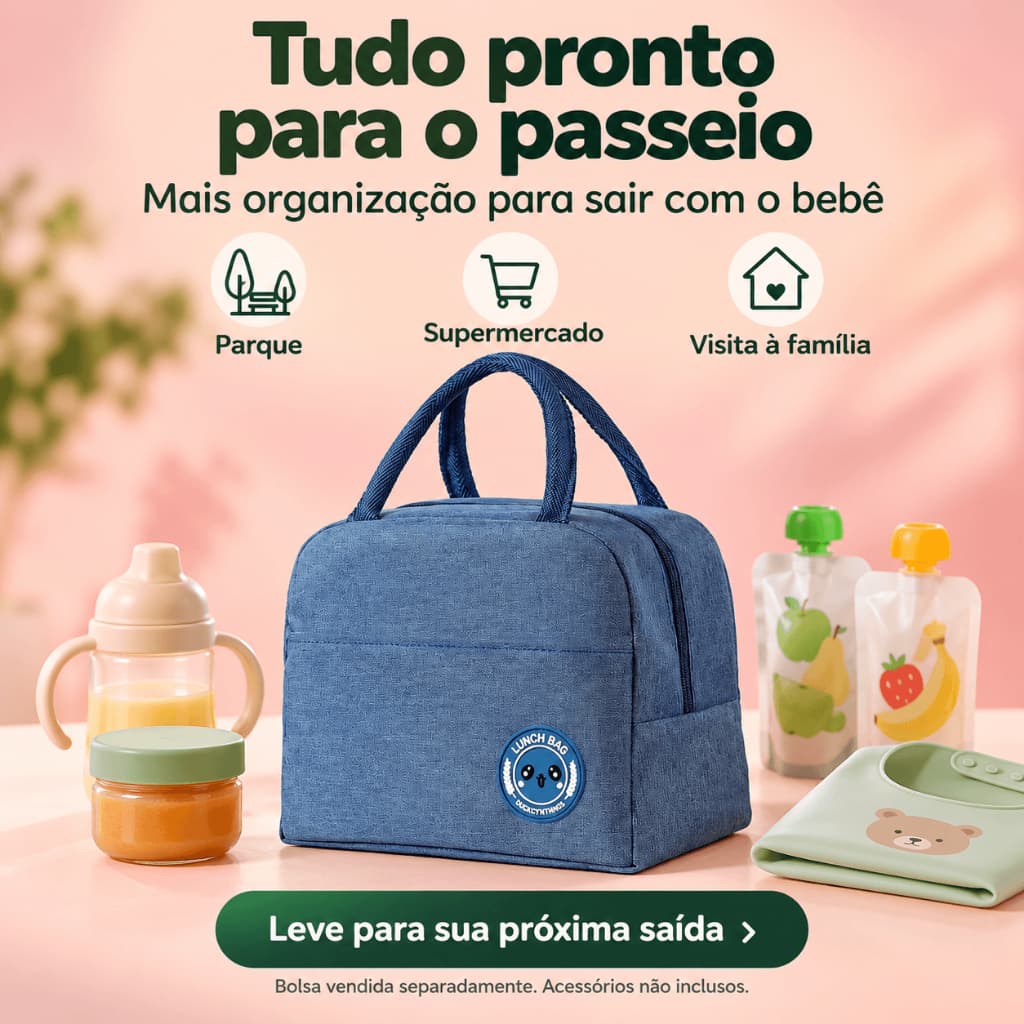 Bolsa Térmica para Bebê e Mamadeira com Bolso Frontal e Alças de Mão 22 x 14 x 18 cm