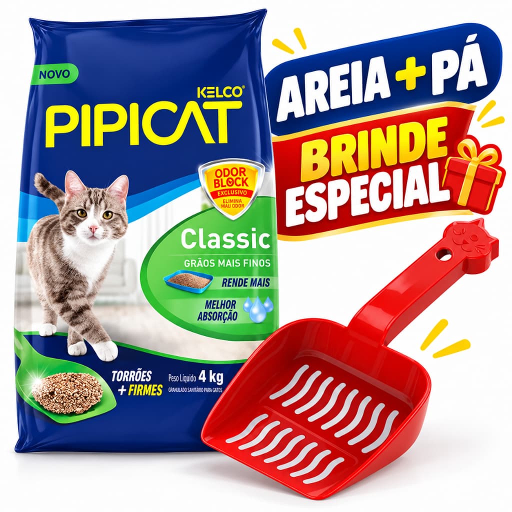 Areia Sanitária Para Gato 4kg Pipicat Classic Odor Block Com Controle De Odores E Torrões Firmes + Brinde Pá Plastica