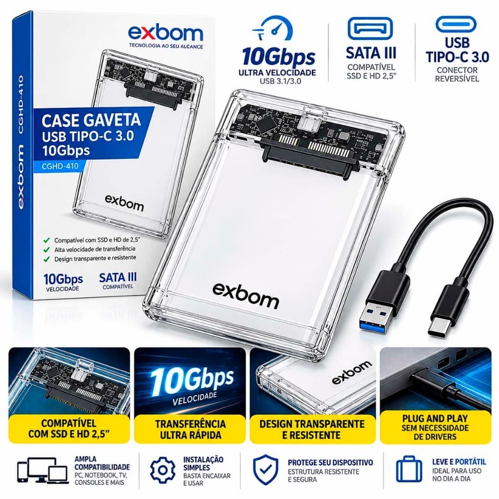 Case Gaveta HD Ssd Externo 2,5 Sata USB 3.1 Tipo C Transparente Exbom 5Gbps Portátil Para Notebook PC Ps4 Xbox Até 4TB