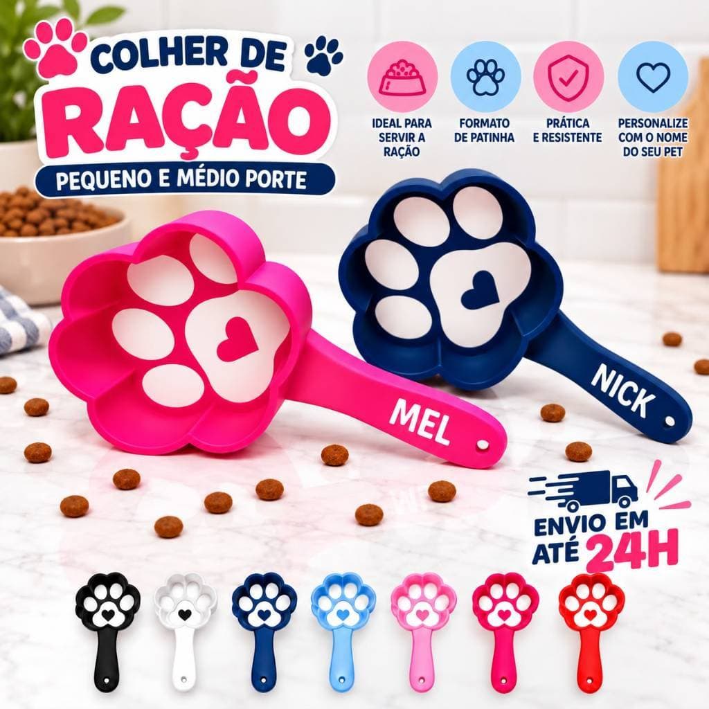 Colher de Ração Personalizada com Nome do Pet Dosador Medidor Ração Pequeno e Médio para Cachorros Caes Gatos