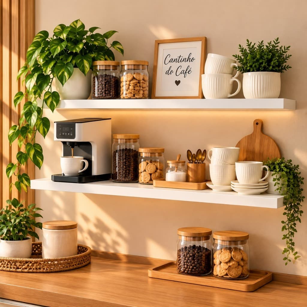 Prateleira Parede Cantinho do Café Decoração MDF Branco 65x15 Suporte Invisível Cozinha Sala Quarto