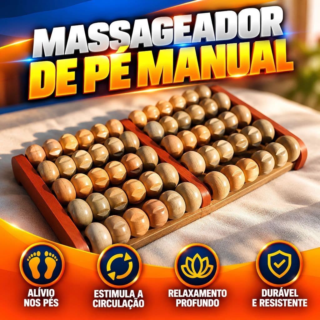 Massageador de Pés Manual Madeira 2 Pés Relaxante Rolinho Reflexologia Alívio Cansaço Muscular