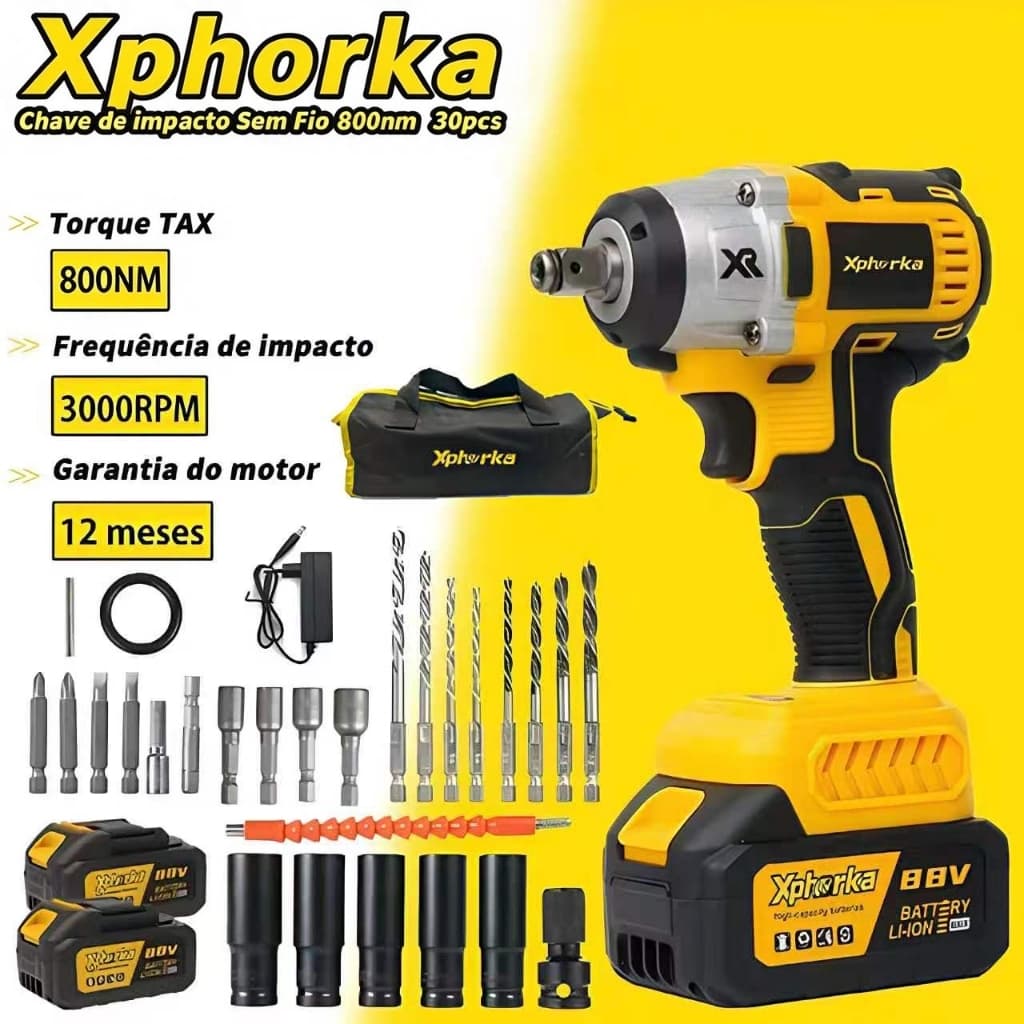 Chave de impacto Sem Fio 88V 800nm sem escova com 2 baterias Com Maleta e Acessórios 【127/220V】Parafusadeira Furadeira