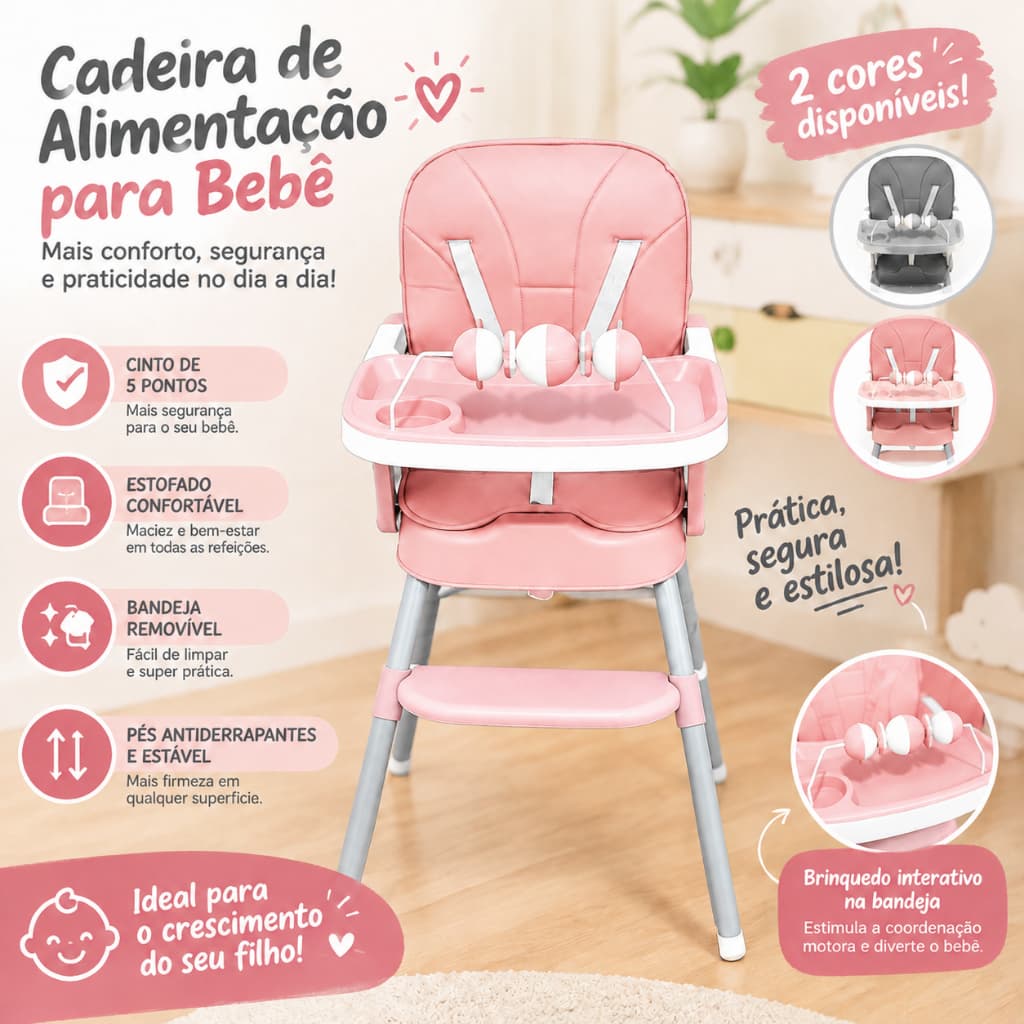 Cadeira de Alimentação Bebê 6 em 1, Cadeira Infantil Multifuncional com Bandeja Removível e Cinto 5 Pontos