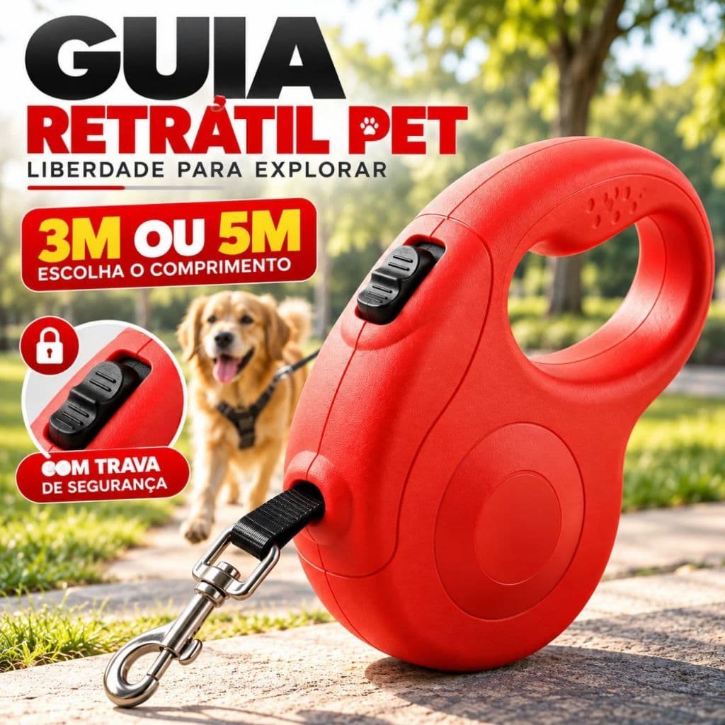 Guia Retrátil para Cachorro 3m 5m Coleira Pet Passeio com Trava de Segurança e Cabo Ergonômico