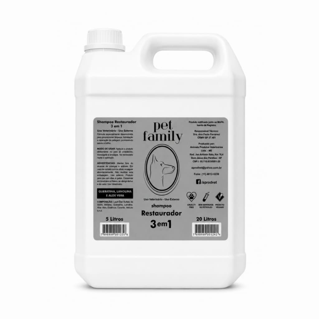 Shampoo Pet Restaurador 3 em 1 Vegano Para Cães e Gatos Galão 5L Pet Family