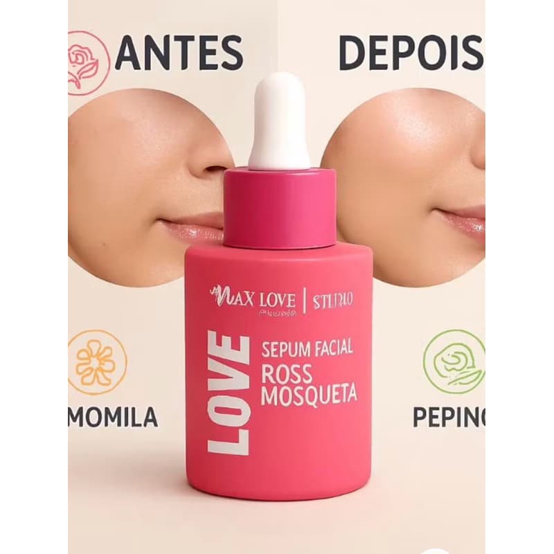 Sérum Facial Rosa Mosqueta Max Love – Hidratação Profunda, Clareador de Manchas, Anti-Idade, Pele Radiante, Oferta Limit