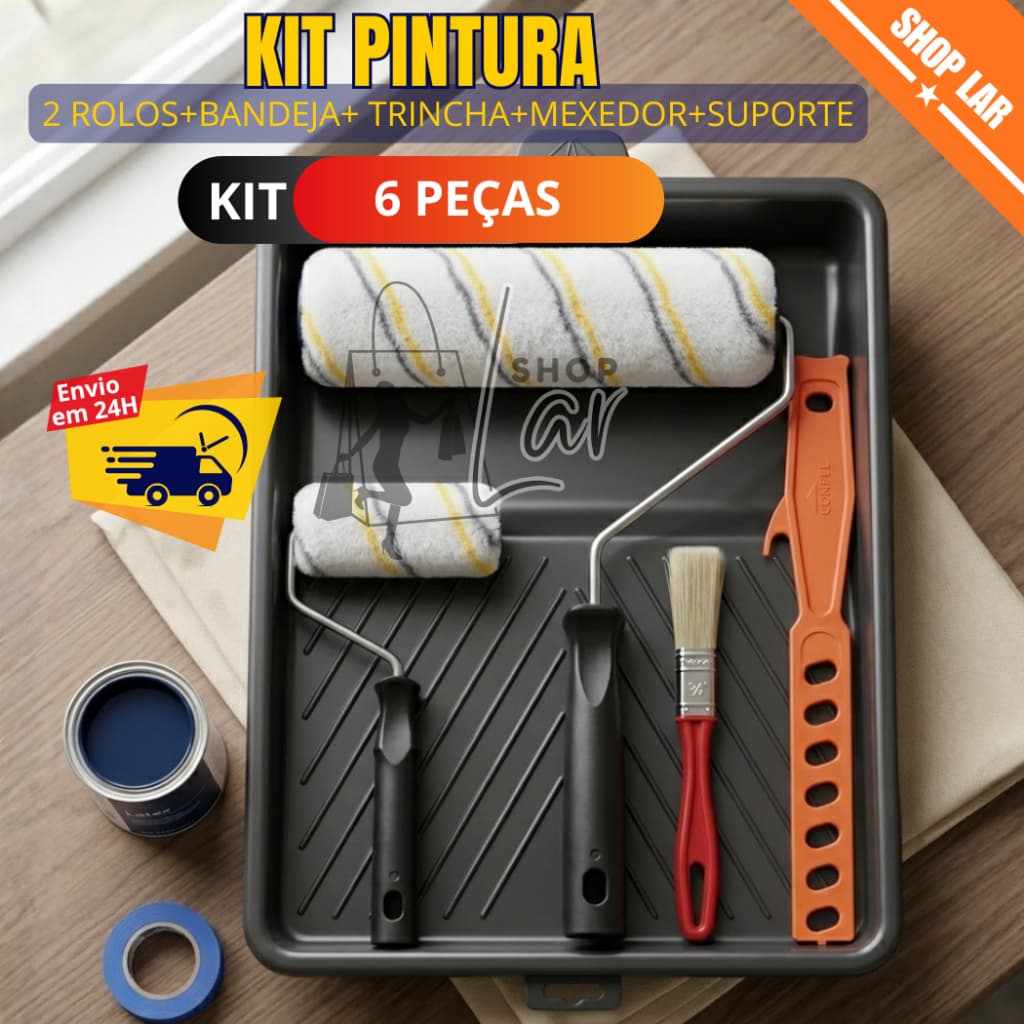 Kit Pintura  6 Peças Sem Respingo | Rolo de Lã 23cm + 9 cm | Bandeja Grande + Suporte + Pincel + Mexedor Kit Completo