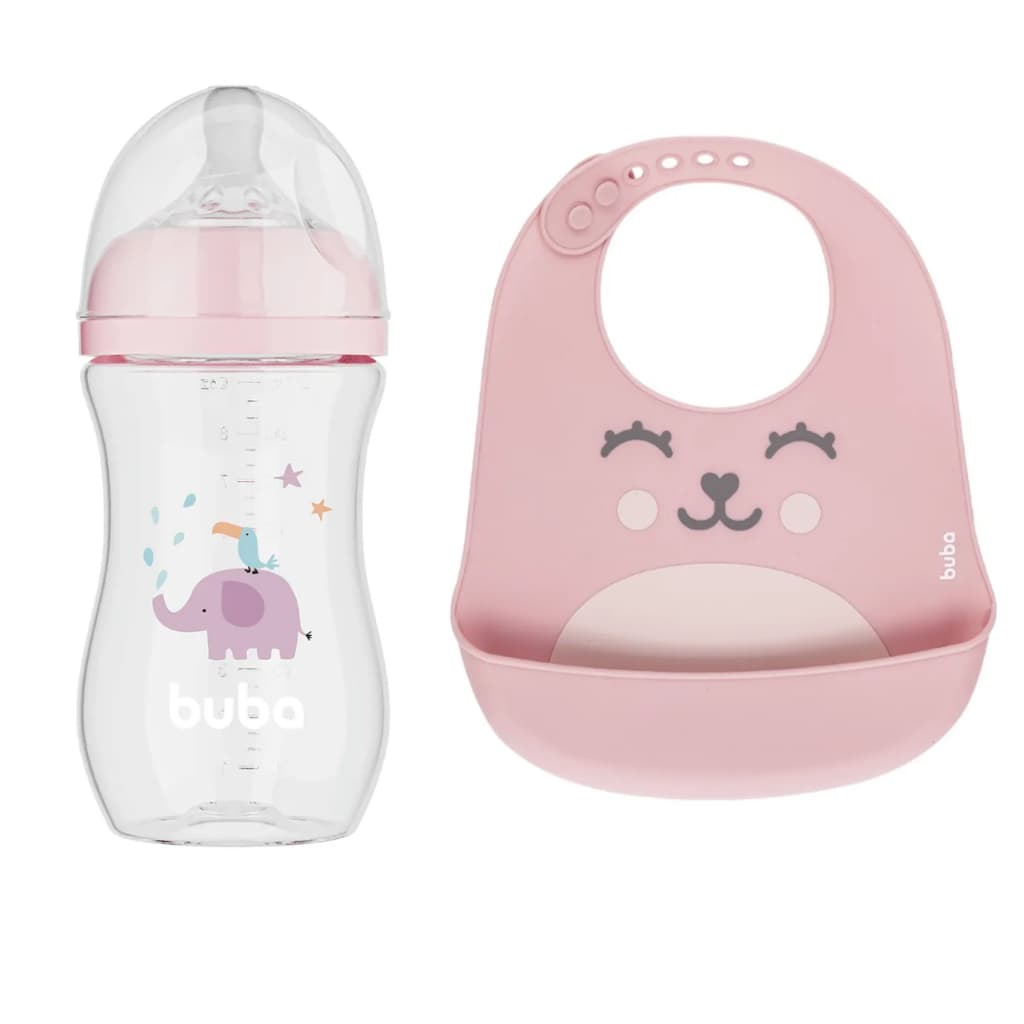 Kit Bebê Buba: Mamadeira Easy Flow 270ml Elefante Rosa + Babador Impermeável Gumy Rosa