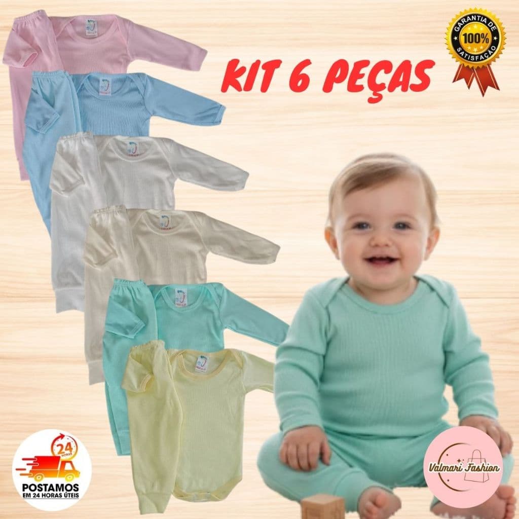 Kit Roupas de Bebê 6 Peças Body Manga Longa e Mijão Canelado Conjunto Bebê Enxoval Completo
