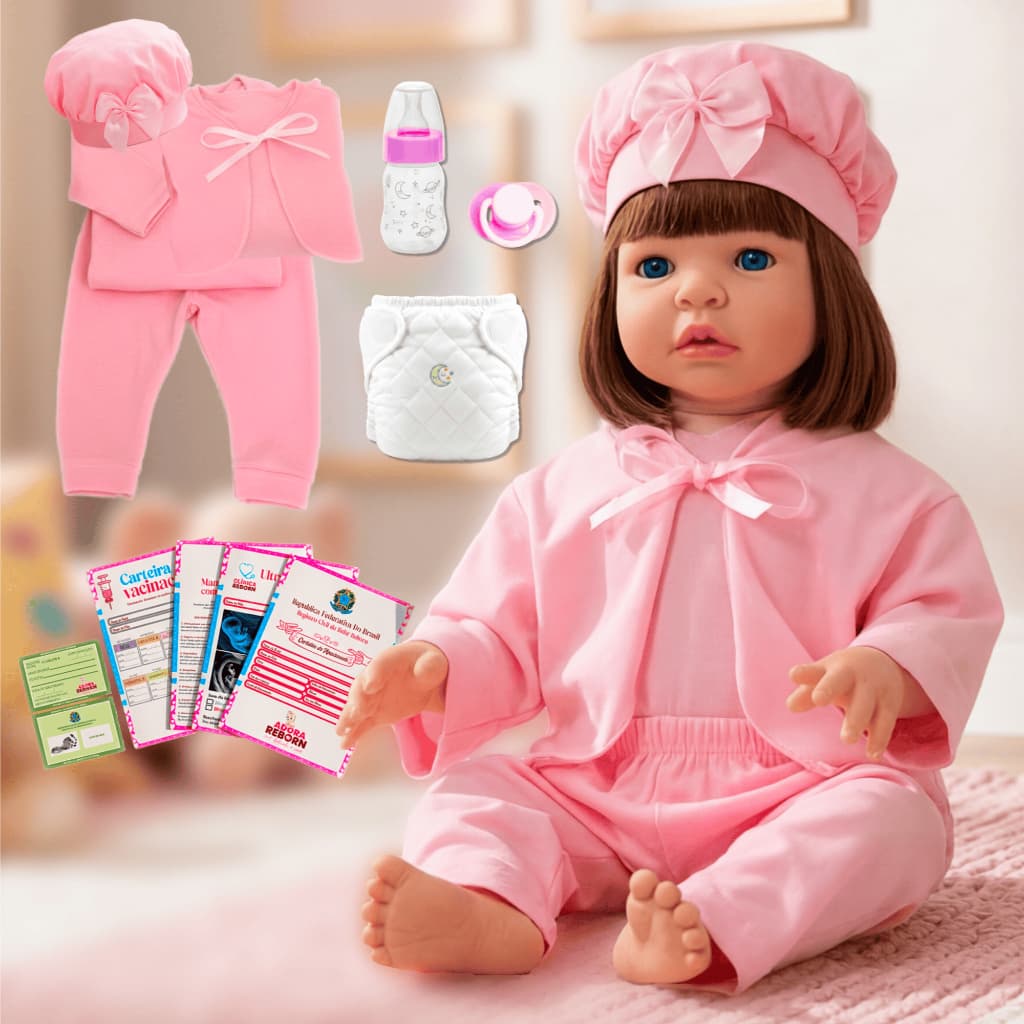 Bebê Reborn Realista com corpo de Silicone Articulada Cílios e Cabelo Castanho e Costurado pode dar Banho.