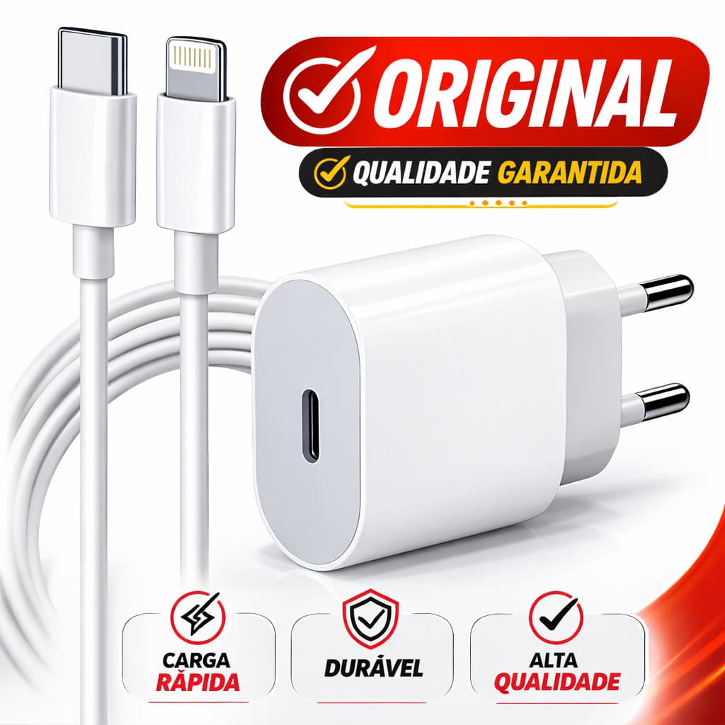 Carregador iPhone 20W Turbo USB-C + Cabo Lightning Carregamento Rápido iPhone 11 12 13 14 15