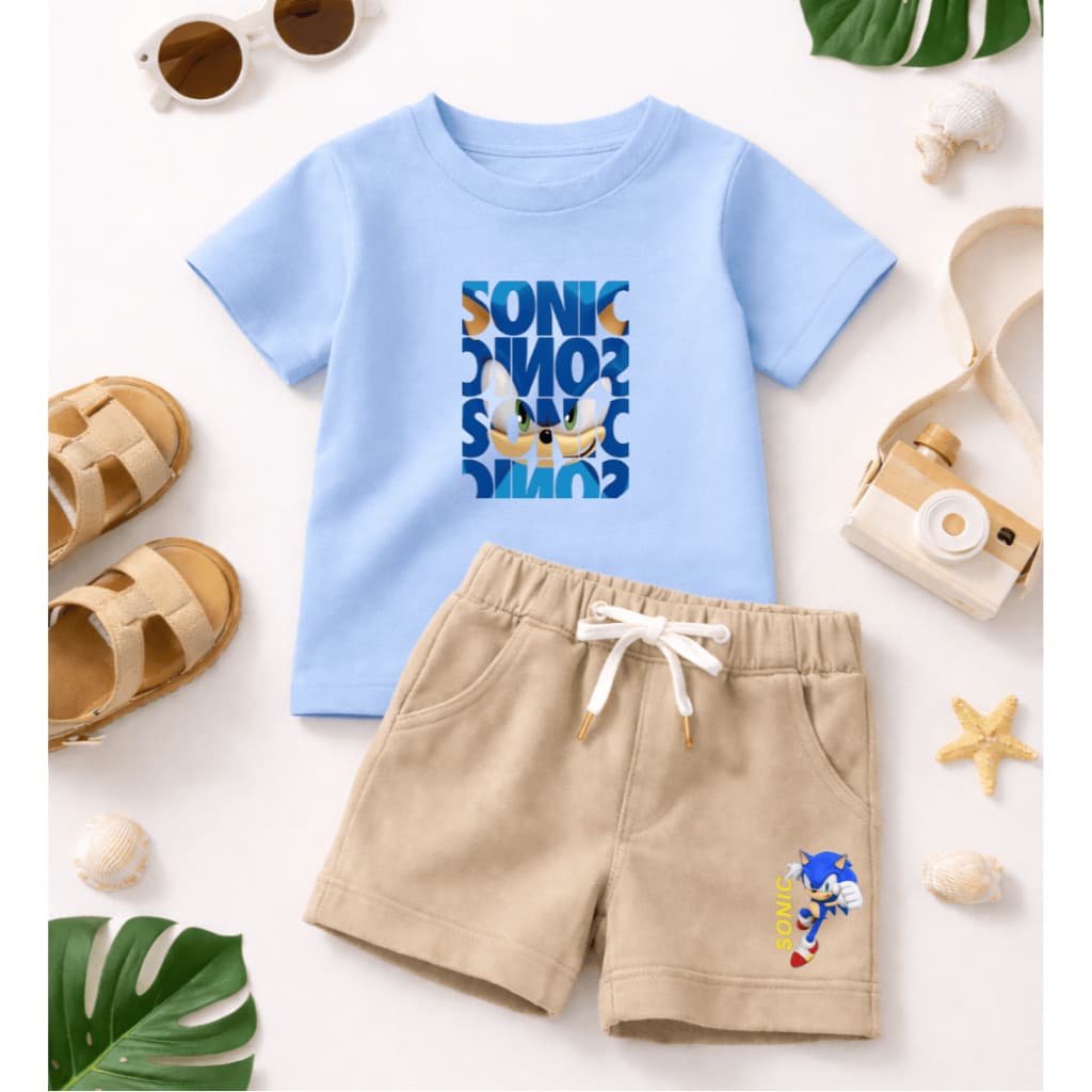 Conjunto Infantil Sonic Para Meninos Estiloso Verão - Camiseta 100% Algodão Manga Curta e Bermuda de Moletom Qualidade