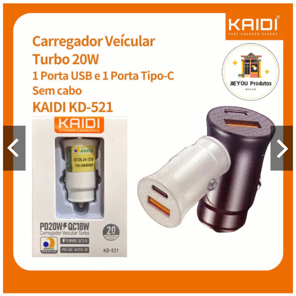 Carregador De Carro Tipo-C PD 20w 18W carregador rapido KAIDI