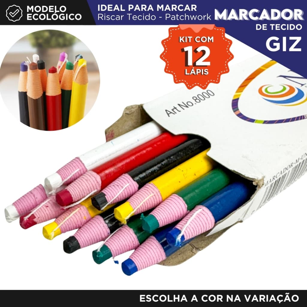 Kit Marcador de Tecido -12 Lápis - Costura Patchwork - Modelagem - Risco Apagável Alta Precisão - BH