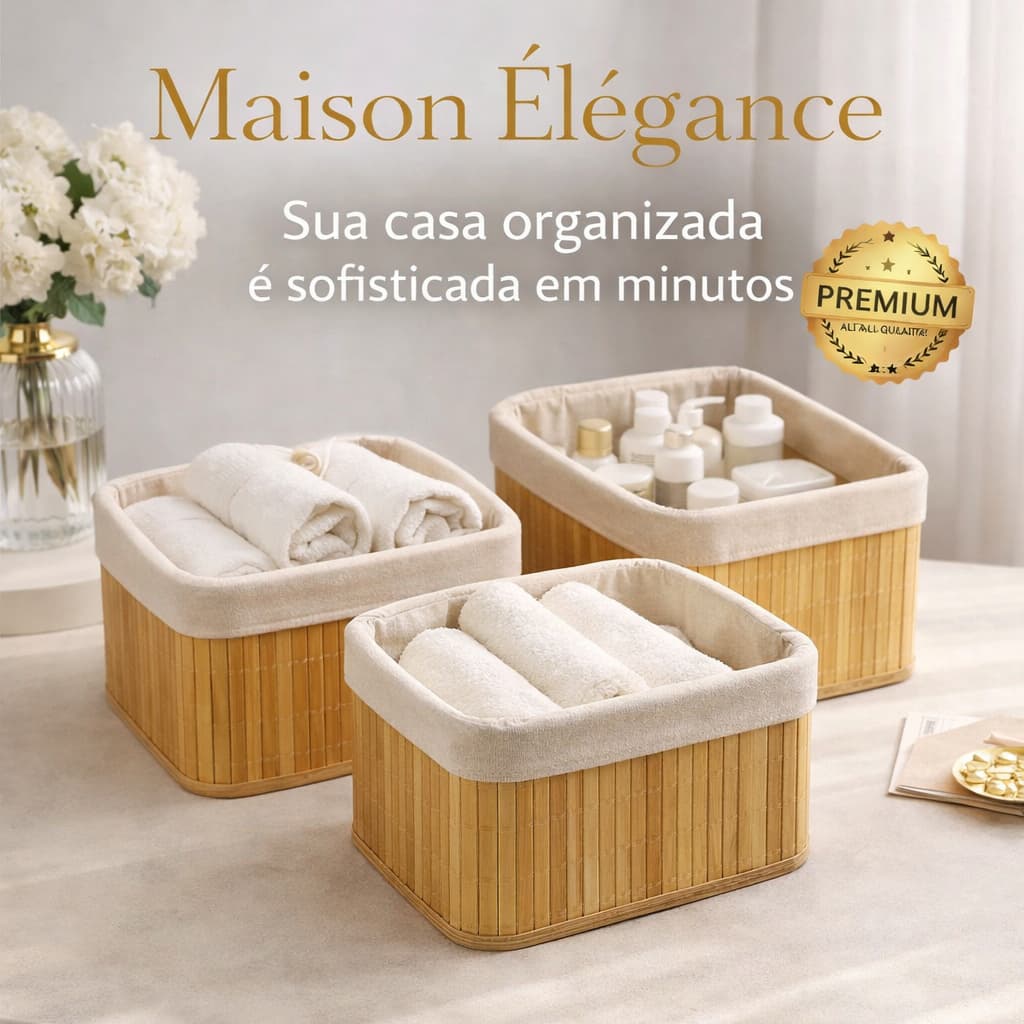 Kit Cestos Organizadores Bambu Natural 3 Peças | Organizador de Roupas, Banheiro e Closet | Decorativo Premium Resistent