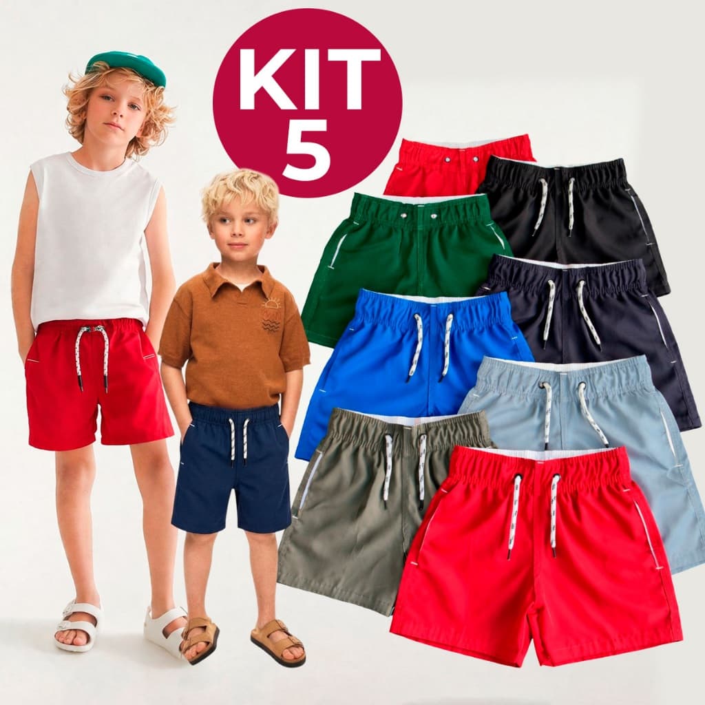 Kit 5 Short Bermuda Infantil Juvenil Tactel Menino Praia Com Bolso Elastano Premium 2 a 16 Anos