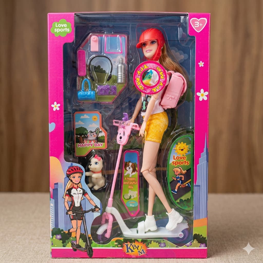Boneca Articulada Esportista Com Patinete Pet Cachorrinho E Acessórios Kit Love Sports Completo