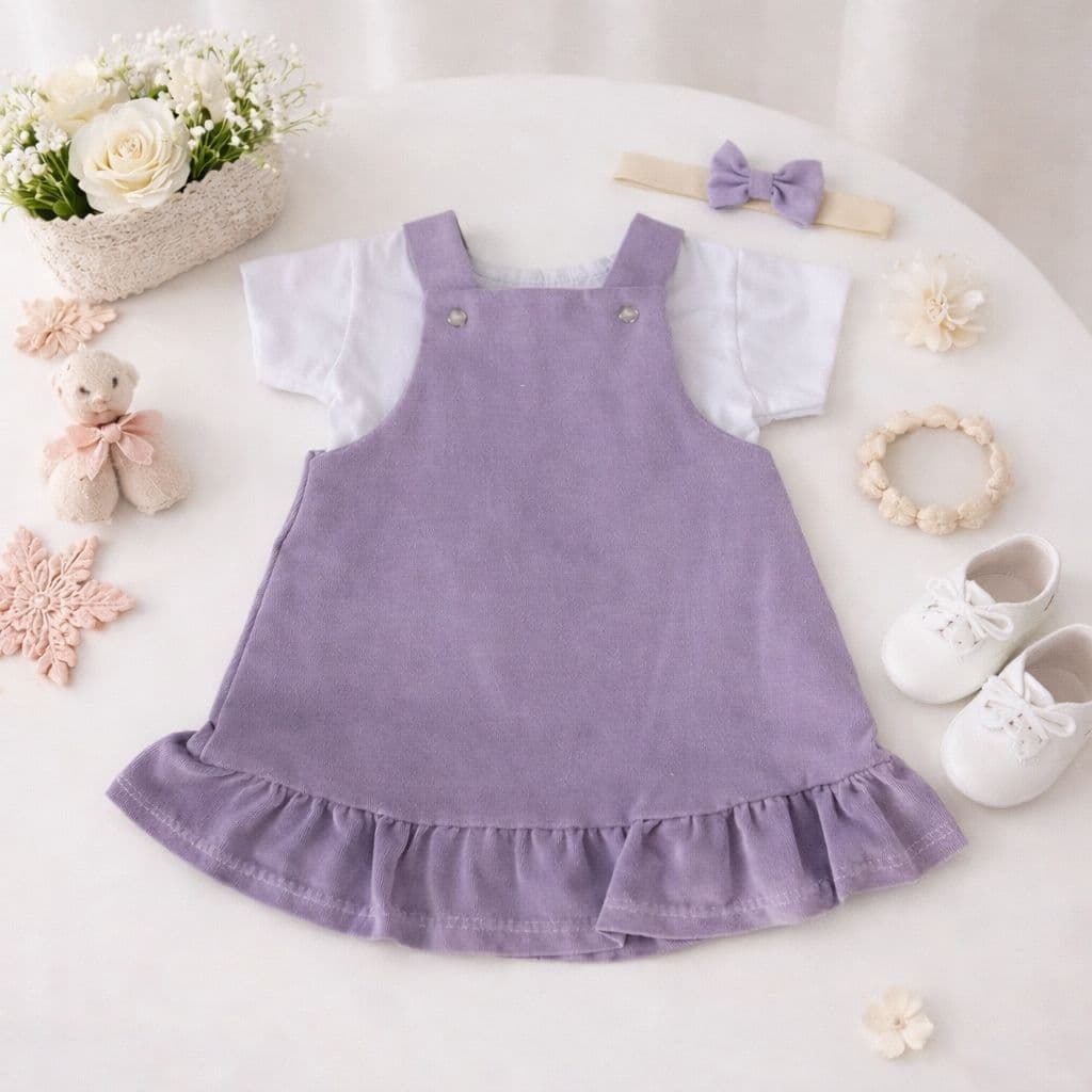 Jardineira Bebe com Camiseta de Malha Manga Curta e Faixa de Cabeça Vestido Bebê Menina Infantil Roupa 0-6 Meses