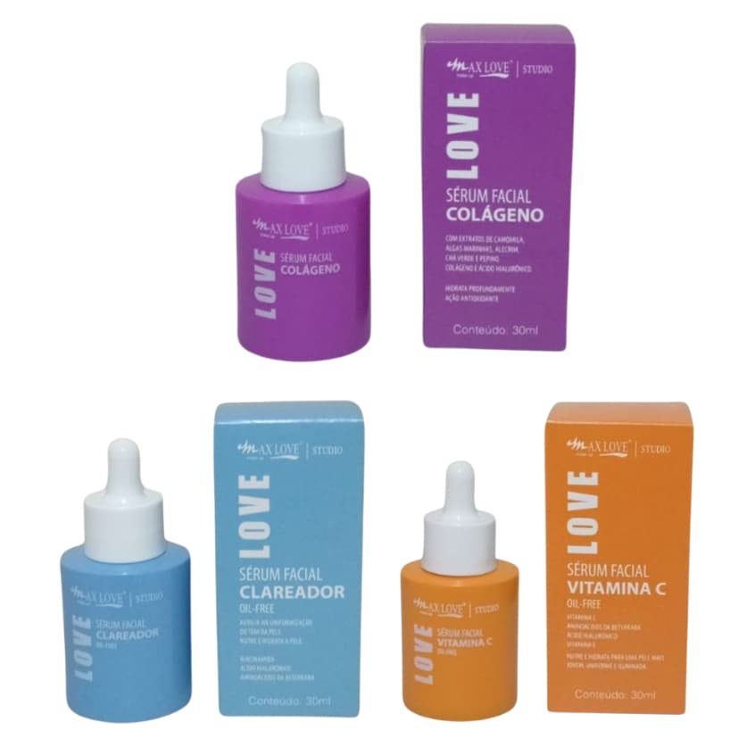 Kit 1 Clareador +1 Vitamina C +1 Colageno Sérum Facial Max Love