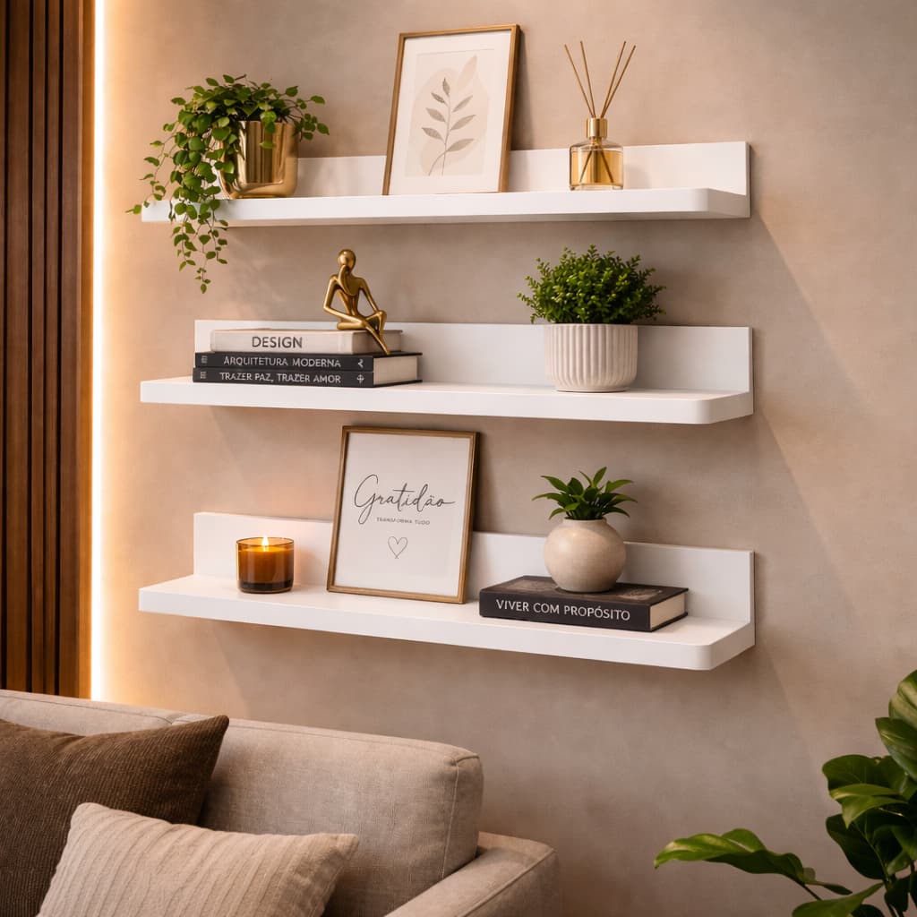 Kit 3 Prateleira Decorativa 60cm x 15cm MDF Branco 15mm Espessura Suporte Parede Quarto Sala