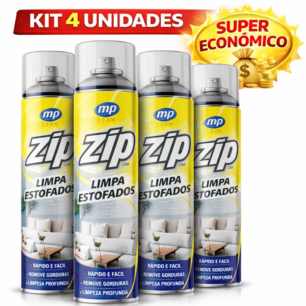 Kit 4 Limpa Estofados Zip 300ml Sofá, Carro, Colchão, Carpete, Cortina, Tapete, Teto de Carro, Banco