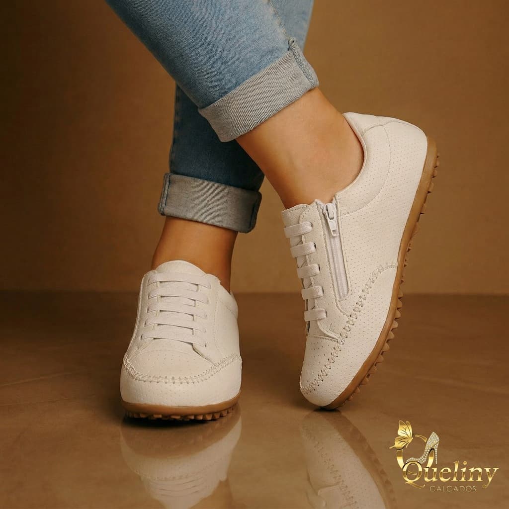 Tênis Feminino Branco Confortável com Zíper Lateral | Leve, Estiloso e Ideal para o Dia a Dia