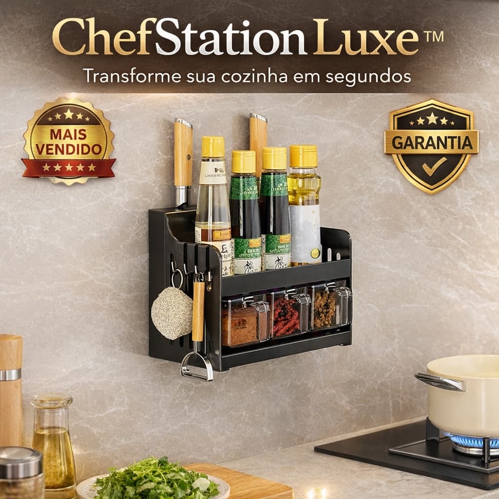 Suporte Organizador de Parede Cozinha Porta Temperos Condimentos Utensílios ChefStation Luxe™ Multiuso Rersistente Fácil