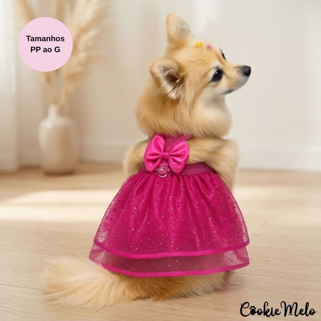 Coleira Guia Peitoral Pet Vestido Rosa Ajustável Fêmea Gato Cachorro Com Lacinho