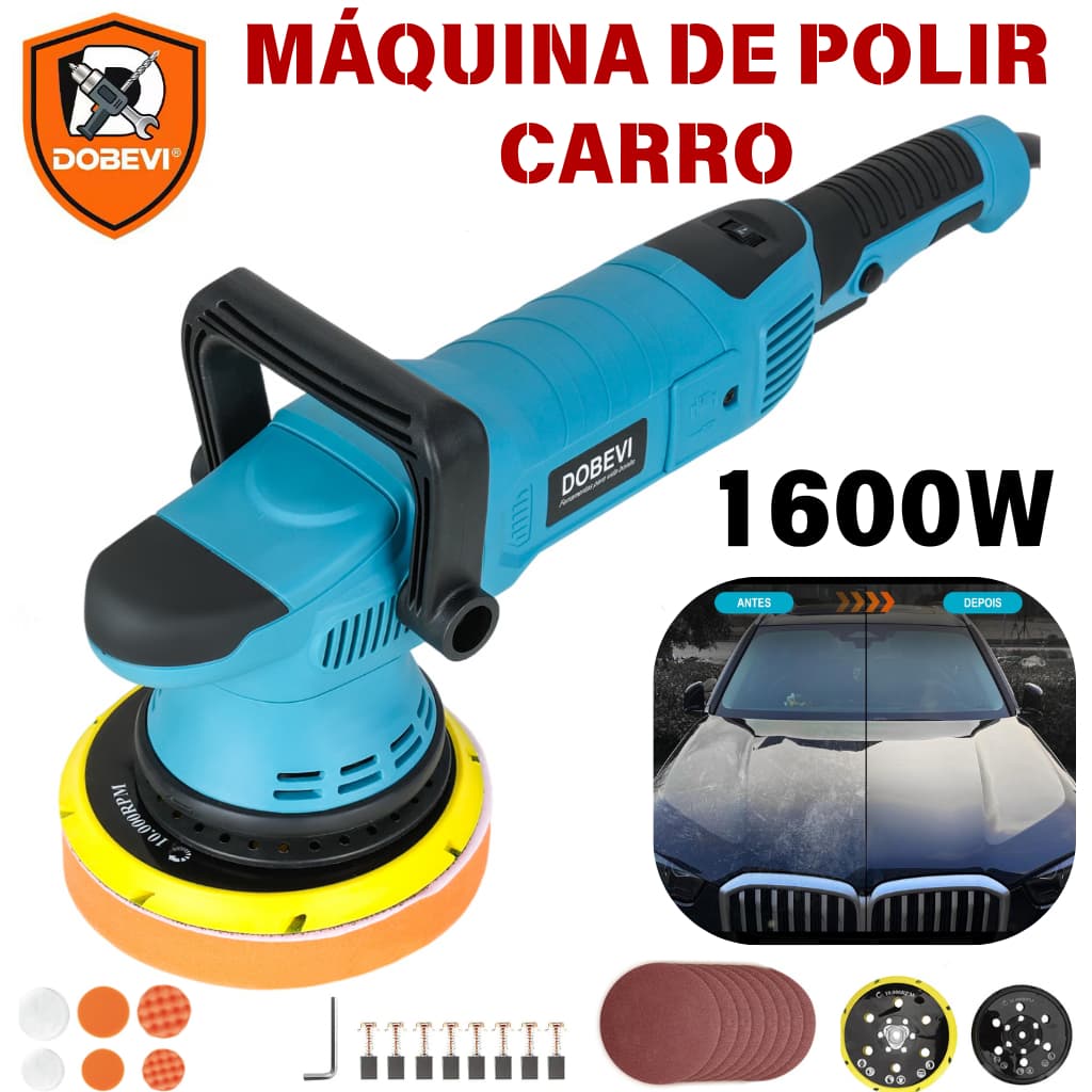 Máquina De Polir Carro 1600W | Politriz Automotiva Profissional Roto Orbital 15mm | 7 Velocidades | Kit Boinas DOBEVI